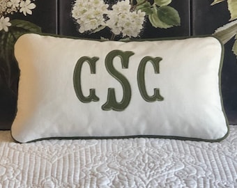 Applique pillow cover, monogram and piping trim color of your choice, 100% white linen