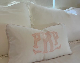 Applique pillow cover, monogram and blush pink piping trim or color of your choice, 100% white or off white linen