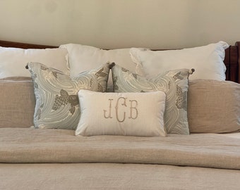 Monogrammed pillow cover, 100% white or off white linen, monogrammed in color of your choice