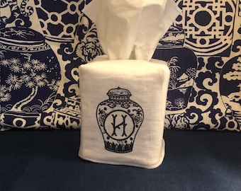 Chinoiserie design,monogrammed reversible tissue box cover, 100 % linen