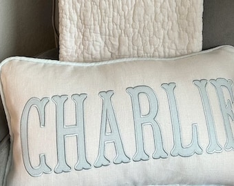 Applique pillow cover, NAME and piping trim color of your choice, 100% white linen