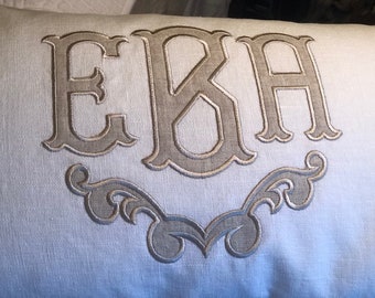 Monogrammed pillow cover, 100% white linen, applique monogram