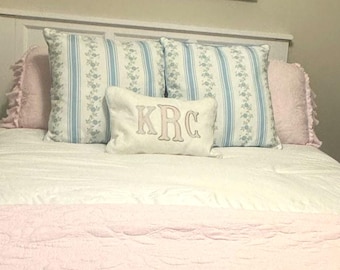 Applique pillow cover, monogram and piping trim color of your choice, 100% white linen