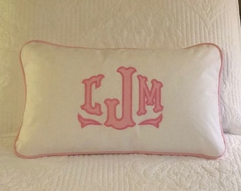Applique pillow cover, monogram and piping trim color of your choice, 100% white linen