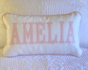 Applique pillow cover, NAME and piping trim color of your choice, 100% white linen