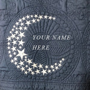 Name or monogram added free - Navy with celestial star design - Heirloom baby blanket quilt - perfect shower gift