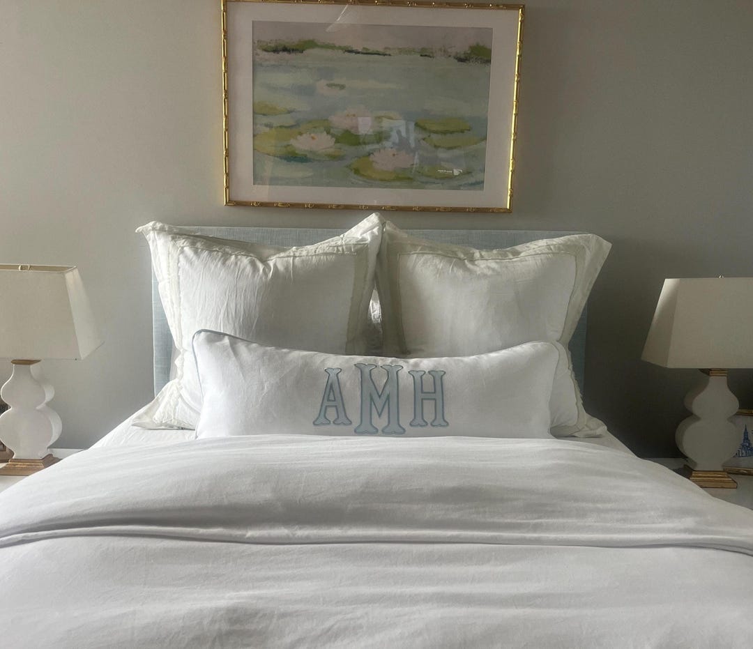 Applique pillow cover, monogram and piping trim color of your choice, 100% white linen - 20L x 12H inches