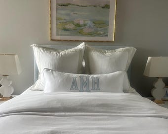 Applique pillow cover, monogram and piping trim color of your choice, 100% white linen