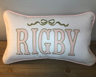 Monogrammed Linen Pillow Cover: Applique Name & Bow Accent