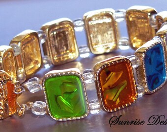 Confetti Bracelet, Statement Jewelry, Beaded Bracelet, Summer Bracelet, Fashion Jewelry, Gold Tone Cuff Bracelet