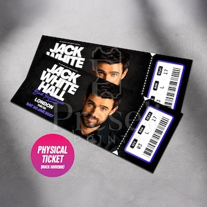 May include: Two rectangular souvenir tickets for a Jack White Hall concert in London at The O2 on Saturday, 30 January 2027. The tickets feature a portrait of a man with dark hair and a beard, white text, and a white section with a barcode and seat info.