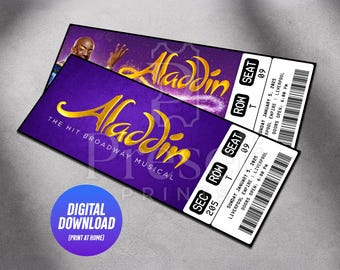Entrada imprimible para el musical Aladdin / Regalo personalizado / Recuerdo editable del West End Broadway / Descarga instantánea