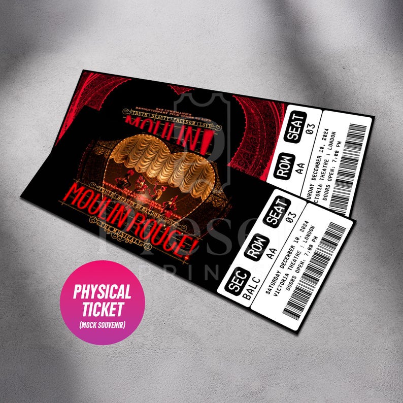 Custom Moulin Rouge Musical Theatre Ticket | Personalized Gift Reveal | Editable West End / Broadway Souvenir Keepsake | Physical Ticket image 1