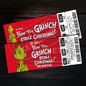 Puede incluir: Dos boletos rojos y blancos para una presentación de Dr. Seuss' How the Grinch Stole Christmas! The Musical. Los boletos son para el domingo 29 de diciembre de 2024 en el Fox Theatre de St. Louis, MO. Las puertas abren a las 7:30 PM.
