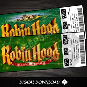 Puede incluir: Dos entradas para "Robin Hood: The Magical Panto Adventure" con letras doradas sobre un fondo verde. Las entradas incluyen la fecha, la hora y el lugar: Manchester Opera House. Las entradas están etiquetadas como "Descarga digital".