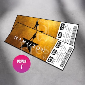 Puede incluir: Dos entradas rectangulares para el musical Hamilton con un fondo dorado texturizado, una silueta de estrella negra y una figura de pie sobre la estrella. Las entradas muestran el texto Hamilton, Row AA, Seat 03, Saturday December 10, 2024, Victoria Theatre London.