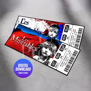 Entrada imprimible para el musical Los Miserables / Regalo personalizado / Recuerdo editable del West End Broadway / Descarga instantánea
