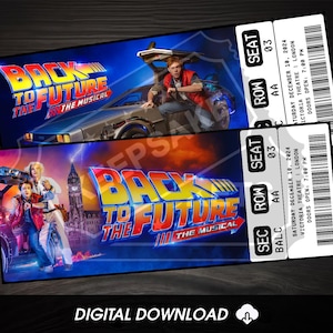 Imprimible Regreso al futuro El boleto del teatro musical / Revelación de regalo personalizada / Recuerdo de recuerdo editable de West End Broadway / Descargar
