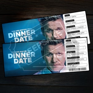 Invitación a una noche de cita con temática de Gordon Ramsay para imprimir, reservar mesa en un restaurante, revelar un regalo sorpresa, personalizar y editar, descargar