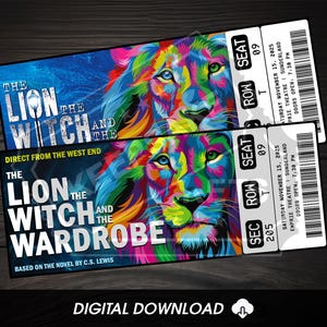 Leão para impressão, a bruxa e o guarda-roupa ingresso para teatro musical | Revelação de presente personalizado | Lembrança editável da Broadway do West End | Download