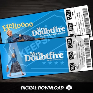Druckbare Mrs Doubtfire Musical Theater Ticket | Personalisiertes Geschenk offenbaren | Bearbeitbar West End Broadway Souvenir Andenken | Sofort Download