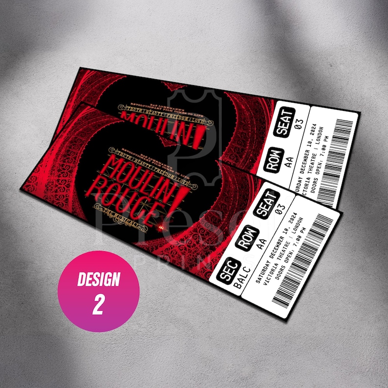 Custom Moulin Rouge Musical Theatre Ticket | Personalized Gift Reveal | Editable West End / Broadway Souvenir Keepsake | Physical Ticket Design 2