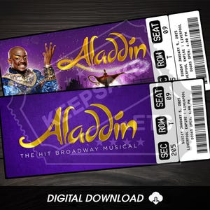 Entrada imprimible para el teatro musical de Aladdin / Revelación de regalo personalizada / Recuerdo de recuerdo editable de West End Broadway / Descarga instantánea