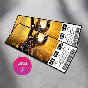 Puede incluir: Dos entradas de teatro rectangulares de Hamilton con fondo dorado que muestran a Leslie Odom Jr. como Aaron Burr. El texto dice The Original Tony Award-Winning Leslie Odom Jr. as Aaron Burr. Los detalles incluyen jueves 28 de mayo de 2026, Victoria Palace Theatre, Londres, fila A, asiento 01.