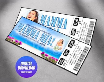 Entrada imprimible para el musical Mamma Mia / Regalo personalizado / Recuerdo editable del West End / Broadway / Descarga instantánea