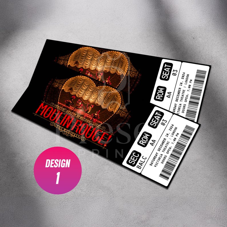 Custom Moulin Rouge Musical Theatre Ticket | Personalized Gift Reveal | Editable West End / Broadway Souvenir Keepsake | Physical Ticket Design 1