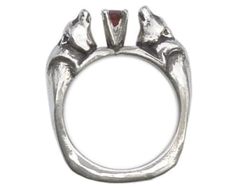 Wolf Pair Ring with Garnet