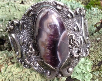 Antique Mexican Lace Agate and Sterling Silver Cuff Bracelet