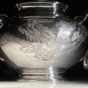 1920-35 Hong Yuan of Beijing Chinese Export Silver Sugar Bowl with Dragon