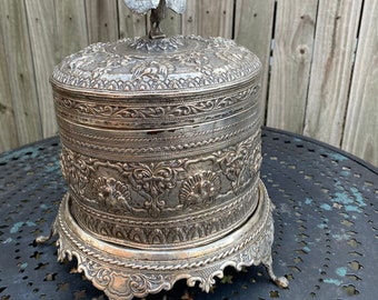 1860 Burmese Silver Repousse Peacock Lidded Betel Box on Stand with Insert