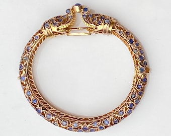 14 KT+ Gold and Sapphire Bengali Elephant Wedding Cuff Bangle Bracelet (45 grams)