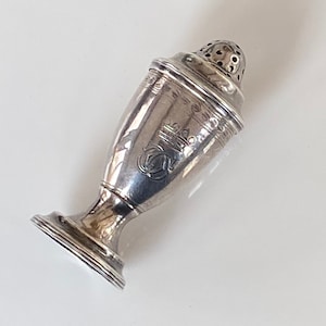 May include: Silver salt shaker with a domed top and a round base. The shaker has a decorative design on the side.