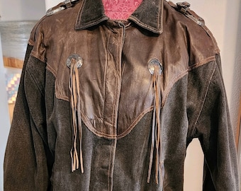 1990s Leather Denim Fringe Unisex Western Jacket (Medium)