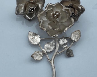 Vintage Sterling Silver Taxco Mexican Rose Brooch and Screw Back