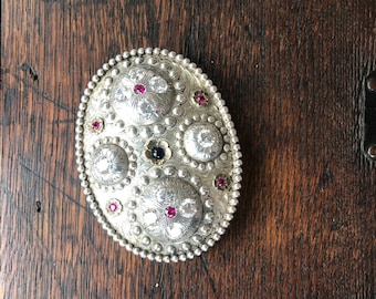 1920's Sterling Silver and 14K Gold Hand Tooled Trophy Buckle with Sapphires and Zircon - Rodeo Buckle