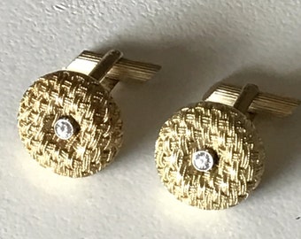 18K Gold and Diamond Midcentury Woven Cufflinks 750