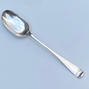 May include: A silver spoon with a rounded bowl and a long, slender handle.