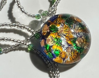 Vintage Handblown Dichroic Glass Pendant Necklace Orange and Green on a Beaded Necklace