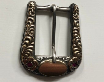 10K Gold, Sterling Silver and Ruby Southwestern Ranger Buckle