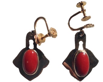 Antique 14 KT or et corail rouge cabochons revisser Boucles d'oreilles - Femme Cadeau