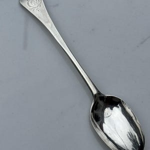 May include: A silver spoon with an oval bowl and a long, slender handle. The handle features an engraved floral design with the letter "S" at the top. The spoon is likely antique or vintage.