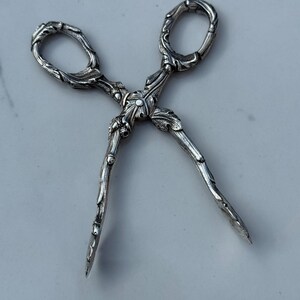 May include: Silver-toned serving tongs with ornate floral and vine detailing. The handles form loops, and the tongs are crossed at the center with a decorative element. The tips are pointed, designed for picking up small items.