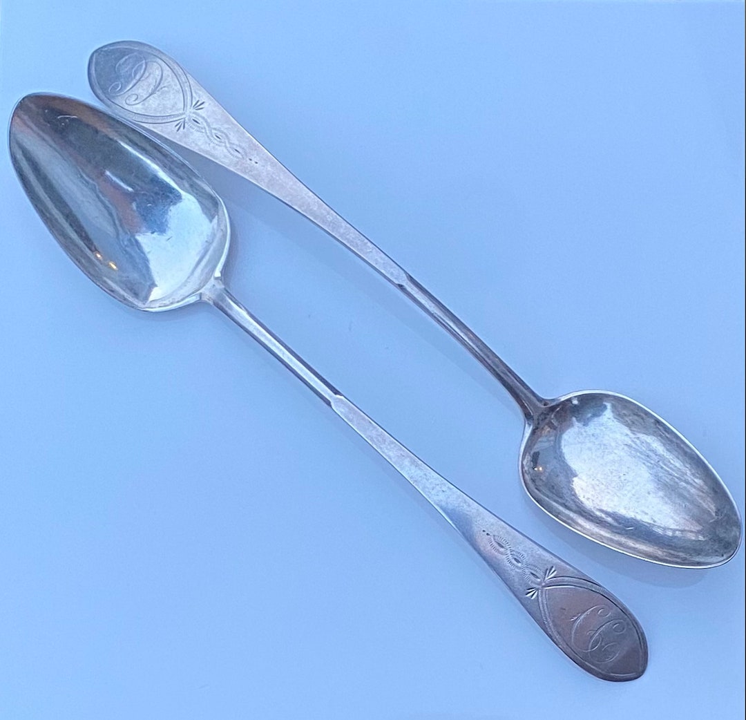 1785 Coin Silver Tablespoon Pair by Isaac Sanford of Hartford