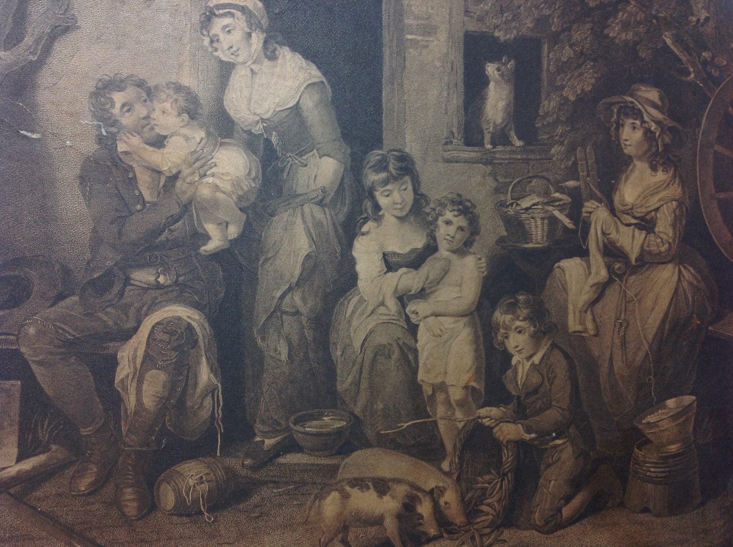 1795 English Print "Saturday Evening, The Husbands Return From Labour" by W. Bigg