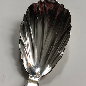 May include: A silver sugar spoon with a scalloped bowl and a decorative handle.