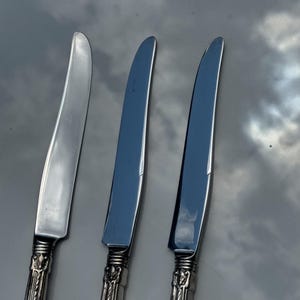 May include: Three stainless steel knives with decorative silver-coloured handles. The blades are smooth and reflective, with a slight curve. The handles feature detailed floral and scrollwork designs, adding a touch of elegance to the cutlery.